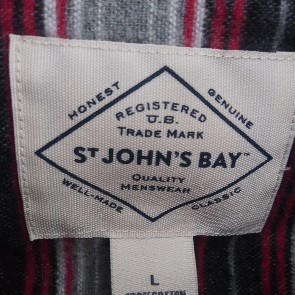 Mens St Johns Bay 100% Cotton Red And Black Striped Long Sleeve Shirt Size Large - Picture 2 of 10